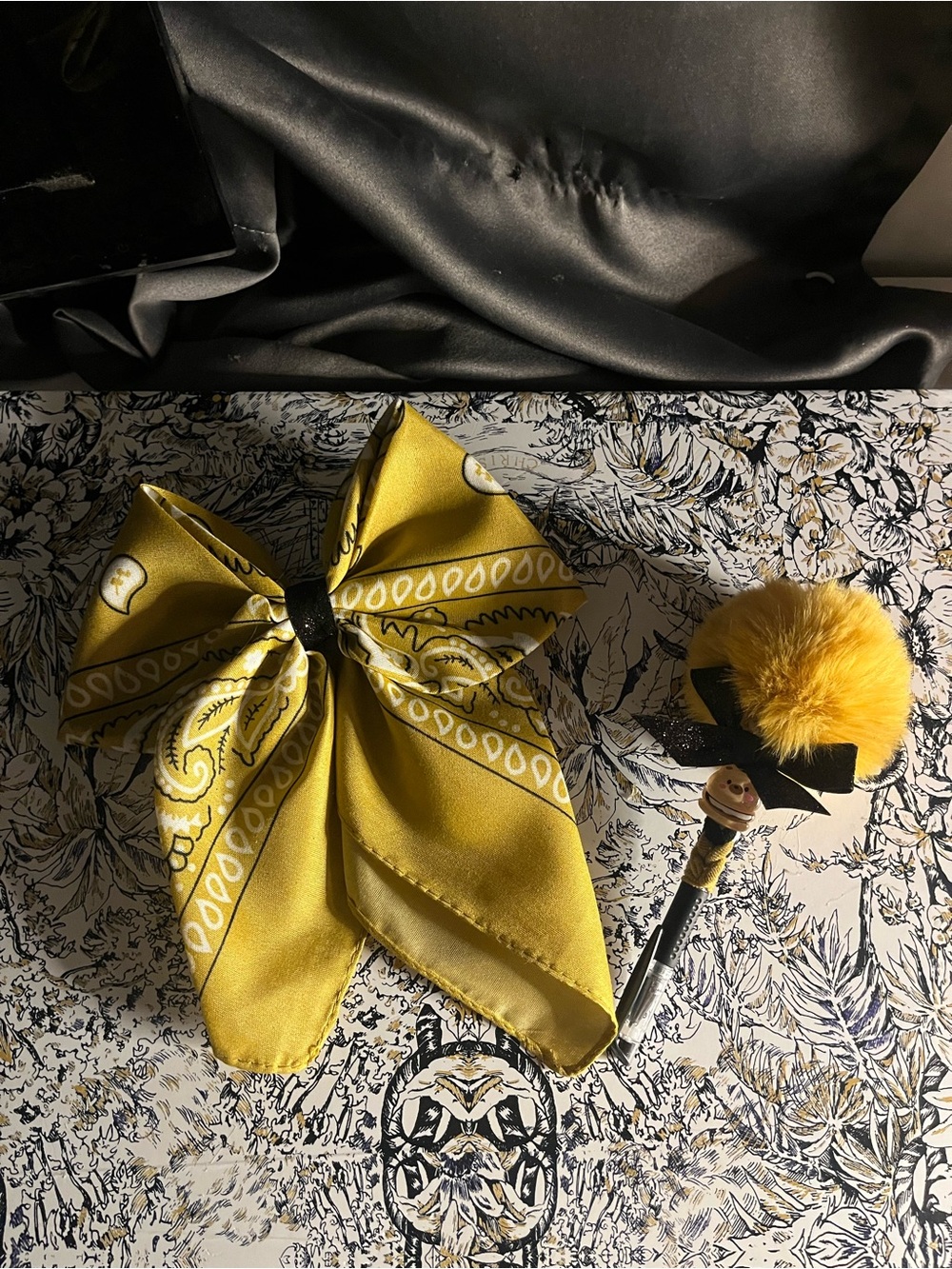 Handmade Yellow Bandana Bow Hair Clip Pom Pom Pen Set